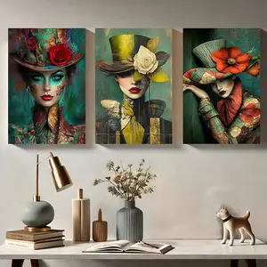 3pcs Framed Art Deco Vintage Fashion Hat Canvas Wall Art Set, Rose WomanPosterReady to Hang, Colorful Female Portraits with Floral Accents, Indoor Art Print for Living Room, Bedroom, Classroom, Restaurants