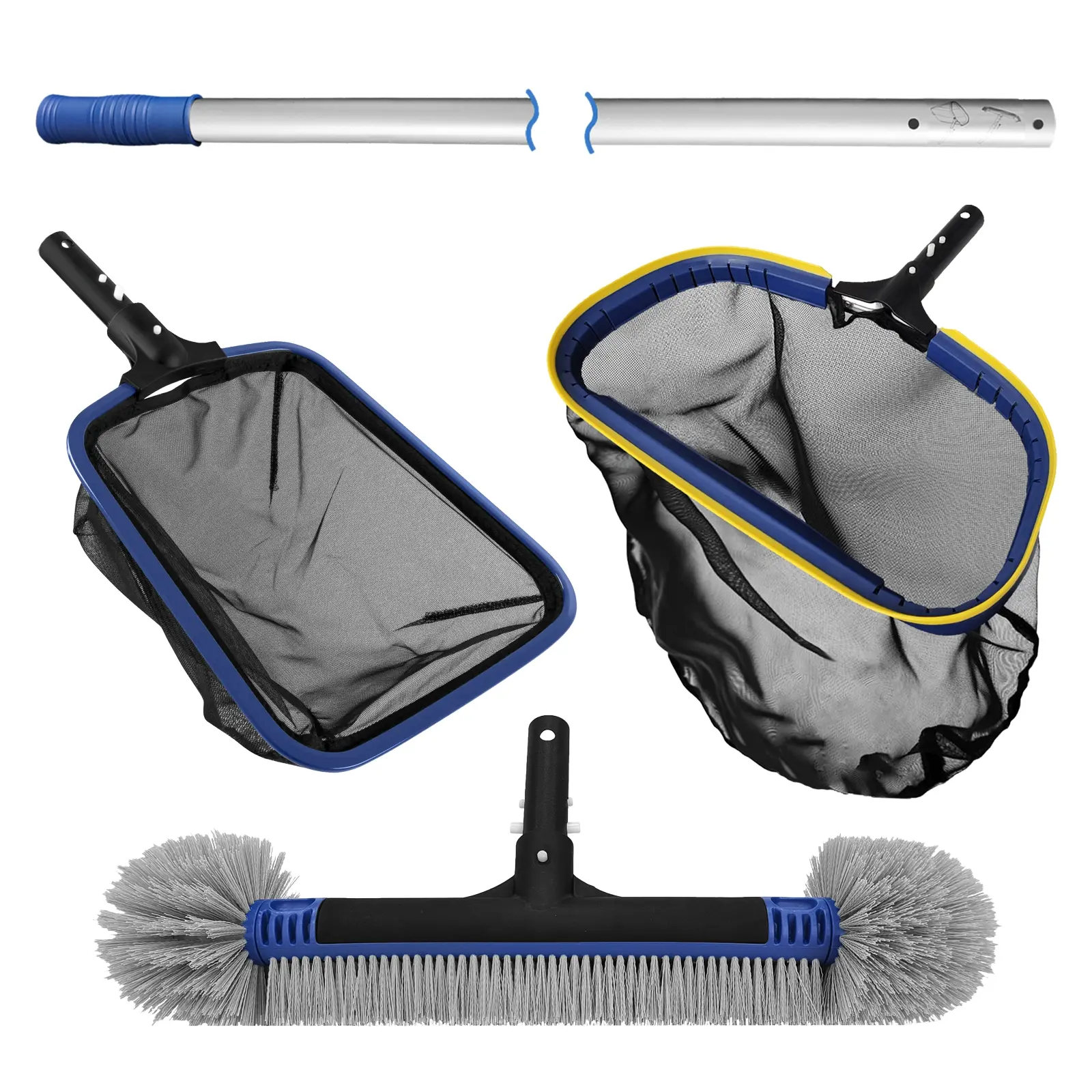 POOLWHALE 5-in-1 3-Piece Design Pool & Hot Tubs Cleaning Kit - Debris Removal Tool Set with Semi-Deep Skimmer Net, Aluminum Frame Leaf Rake, 20ft Pool Brush, 13ft Adjustable Pole, Detachable Head, 50Lb
