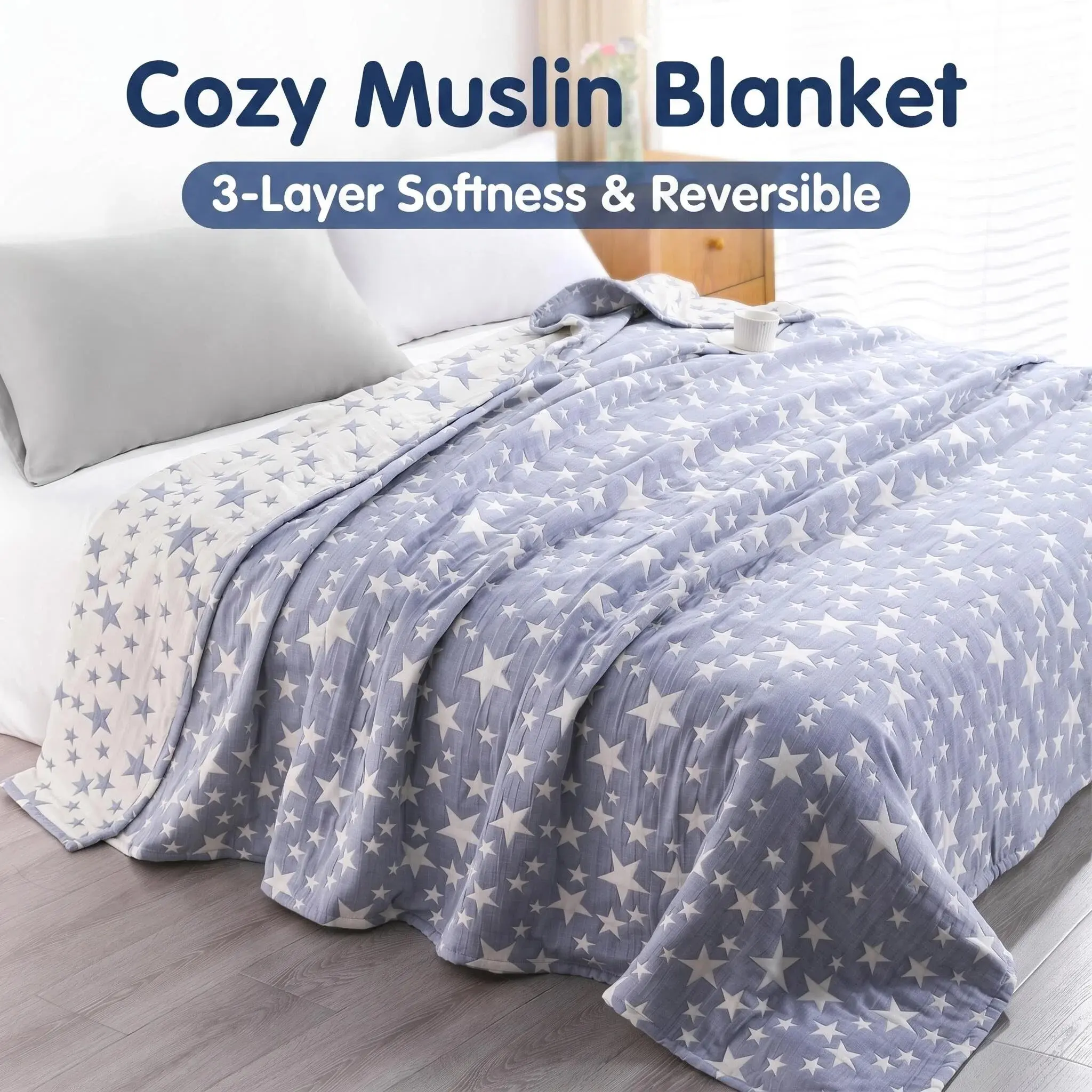Bedsum Muslin 3 Layer Cotton Jacquard Bed Blankets for All Seasons, Ultra Soft Breathable Quilt