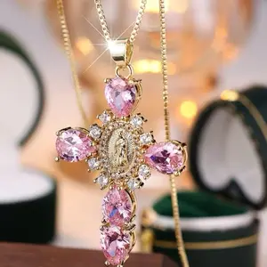 Pink Virgin Mary Cross Necklace  Coquette Aesthetic Faith Jewelry, Dainty Gold-Tone Spiritual Charm, Gift for Her