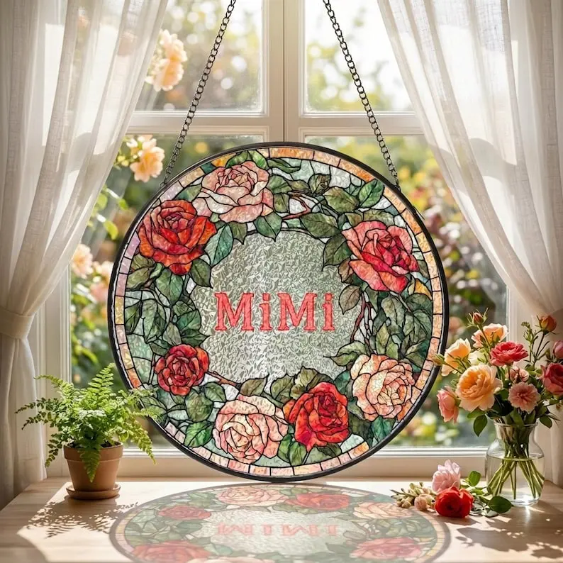 Personalized Mimi Stained Glass Suncatcher, Custom Floral Window Hanging Decor, Mother’s Day Gift for Grandma, Aesthetic Sun Catcher Home Ornament