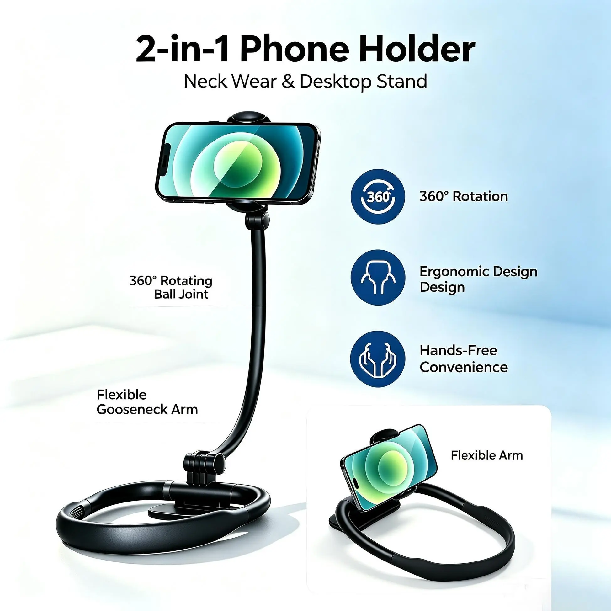 2026 Neck Phone Holder with Magnetic Splicing Neck Ring, POV/Vlog Selfie Mount Hands-Free 2-in-1 Neck & Desktop Stand for Video Recording, Compatible with iPhone 17 16 15 14 13 12 Series Android Phones