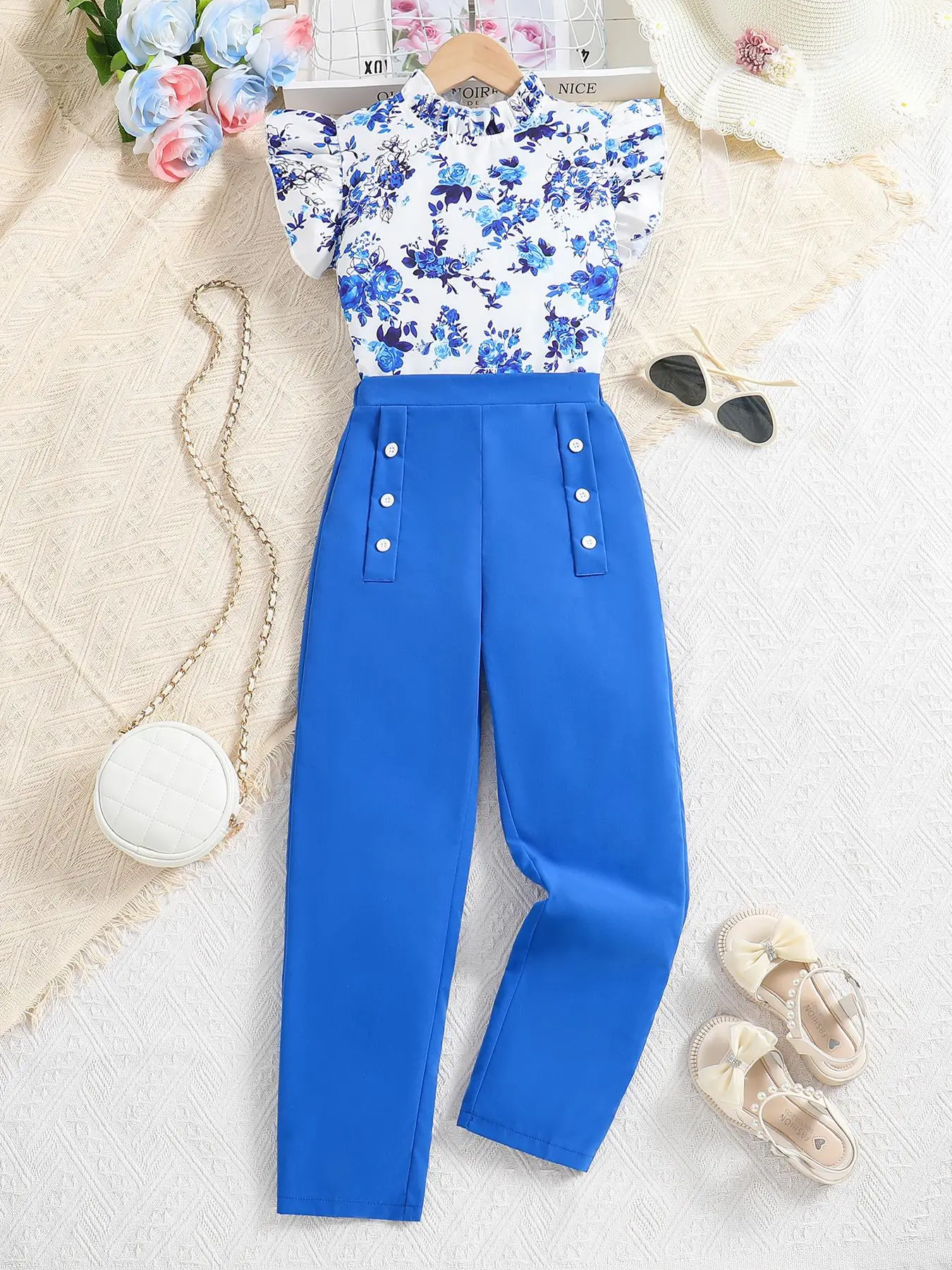 Girl's Ditsy Floral Print Butterfly Sleeve Mock Neck Blouse Top & Straight Leg Pants Two-piece Set, Casual Summer Outfits for Daily Wear Holiday Vacat