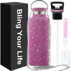Bling Water Bottle Rhinestone,Diamond Water Bottle,glitter Cup pink,bling gifts for women,Bling Tumblers with 2 Style lids and 55in Chain (Pink)