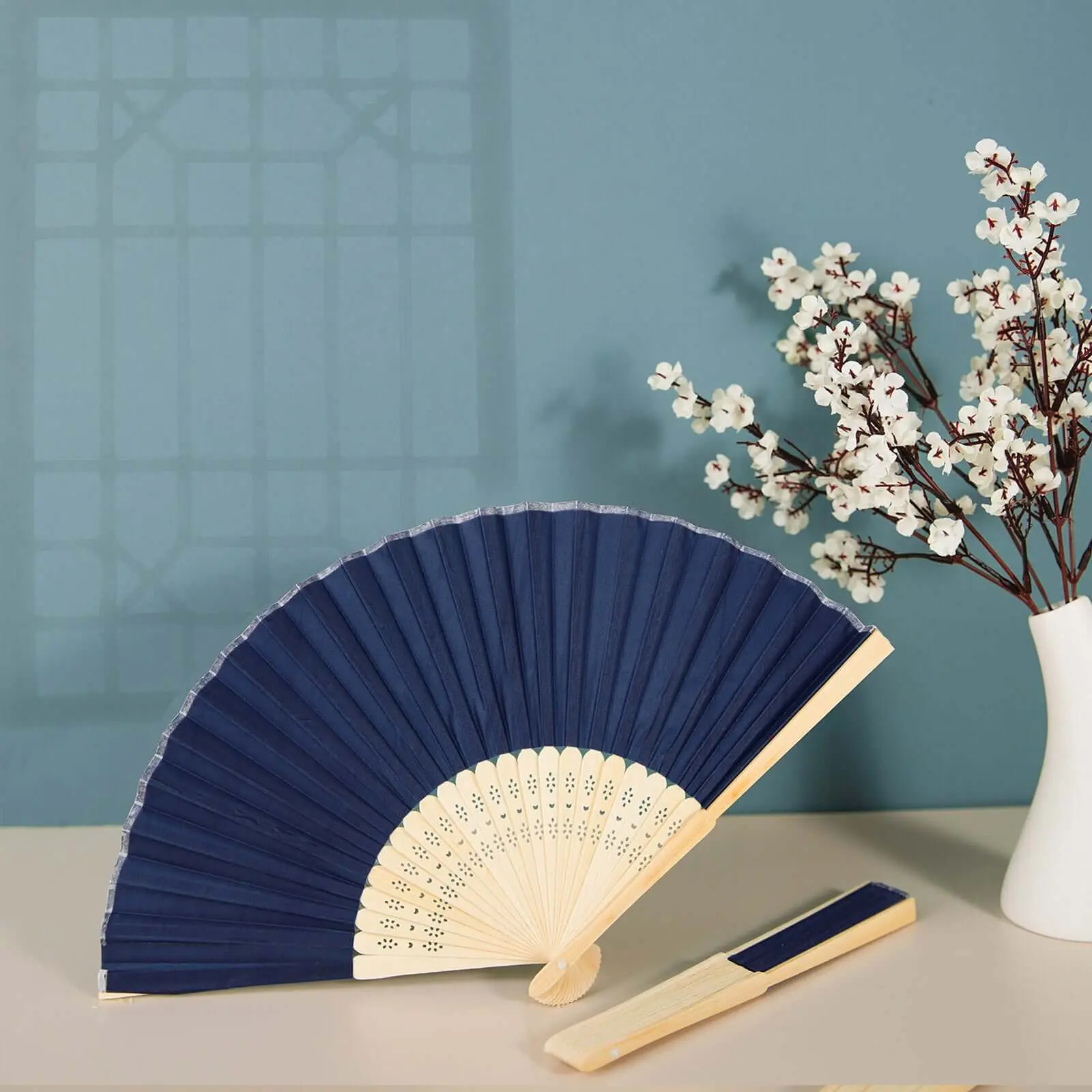 5-Pack Navy Blue Asian Silk Portable Folding Hand Fans with Bamboo Handle, Room Decor, Party Favors, Portable Folding Fan