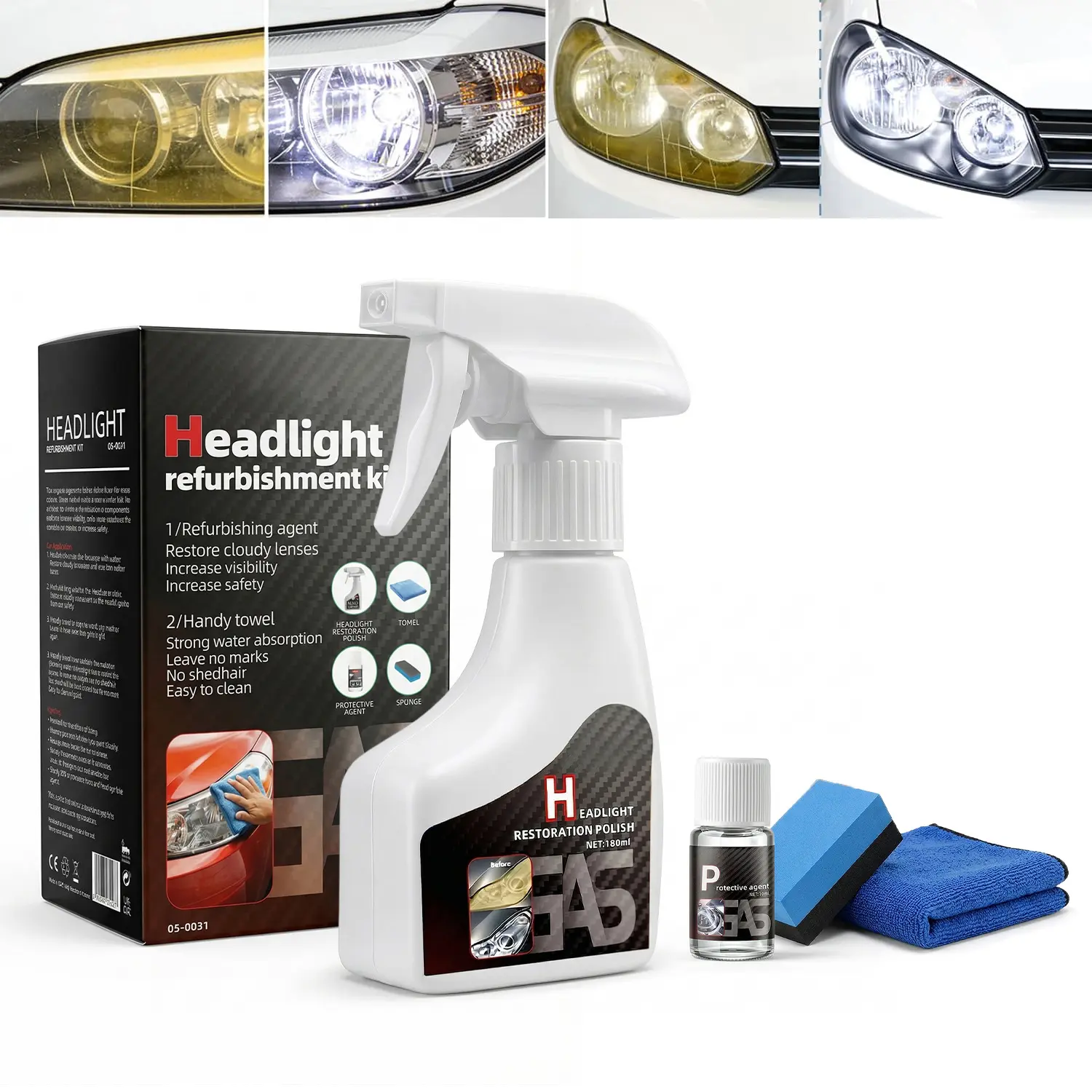 Automotive Headlamp Restoration Fluid Kit, Car Headlight Cleaner and Restorer Coating Spray Kit, Without Sanding or Disassembly, Durable Headlight Repair Kit for All Vehicle Types, 180ml