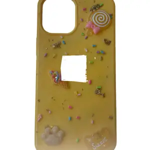 Yellow Phone Case for iPhone with Charms Glitter Cute Y2K Chunky Design Featuring Candy and Paw Print Accents