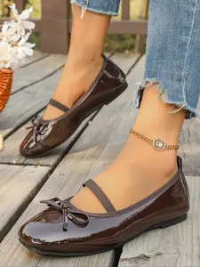 Women's Square Toe Shape Bow Decorated Wine Mary Jane Shoes, Comfortable Stylish Casual Slip-On Flat Shoes, Perfect Valentine's Day Gift