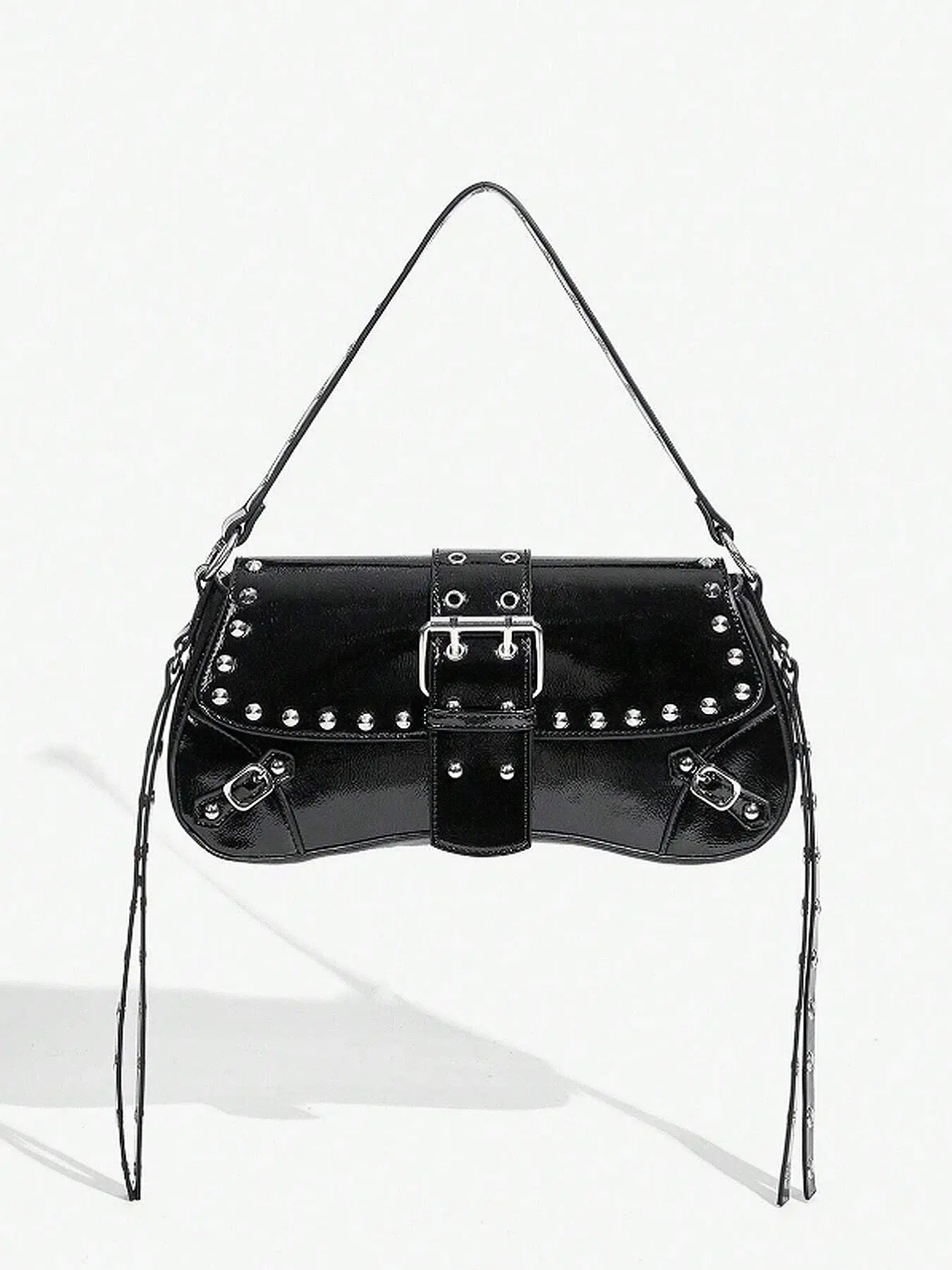 Black rivet motorcycle style shoulder underarm bag, metal buckle decoration, personalized design shoulder bag, retro fashion, exquisite and versatile, niche and suitable for daily commuting, shopping, etc., Casual Shoulder Bag, Versatile Shoulder Bags