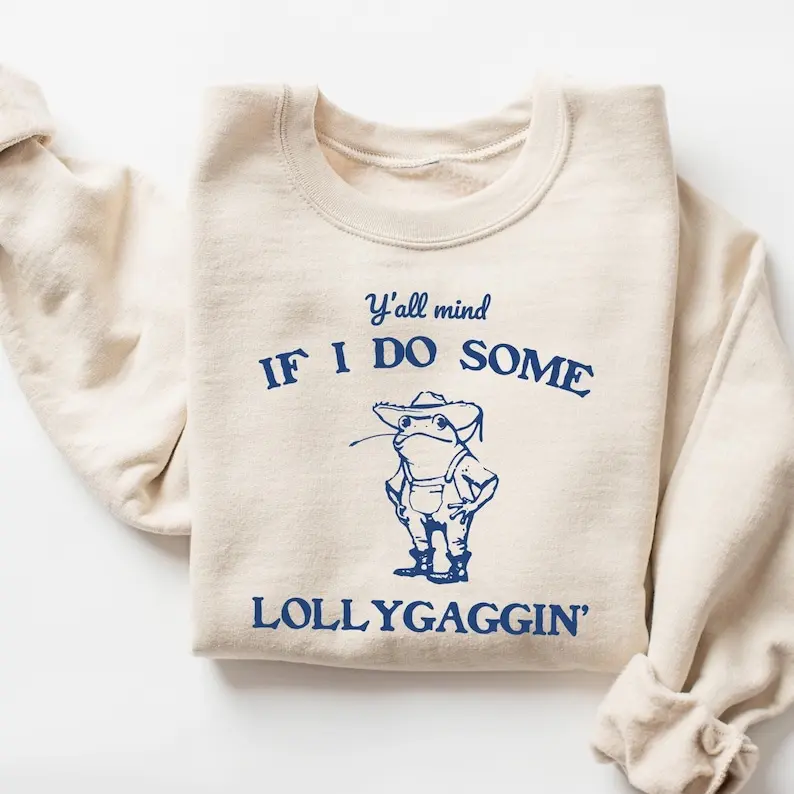 Crewneck Sweatshirt for Women, Vintage Frog Graphic Cotton Pullover, Casual Cartoon Style Top with Long Sleeves, Funny Gift, Fitted, Vintage Retro, Medium Length