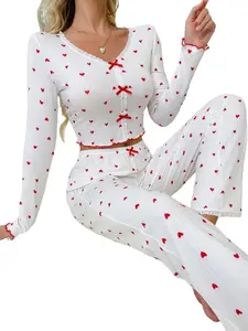 Women's Heart Print Pajama Set, Loungewear, Comfortable Long Sleeve V Neck Top & Pants, Perfect Fall Winter Home Wear, Bow Detail Design