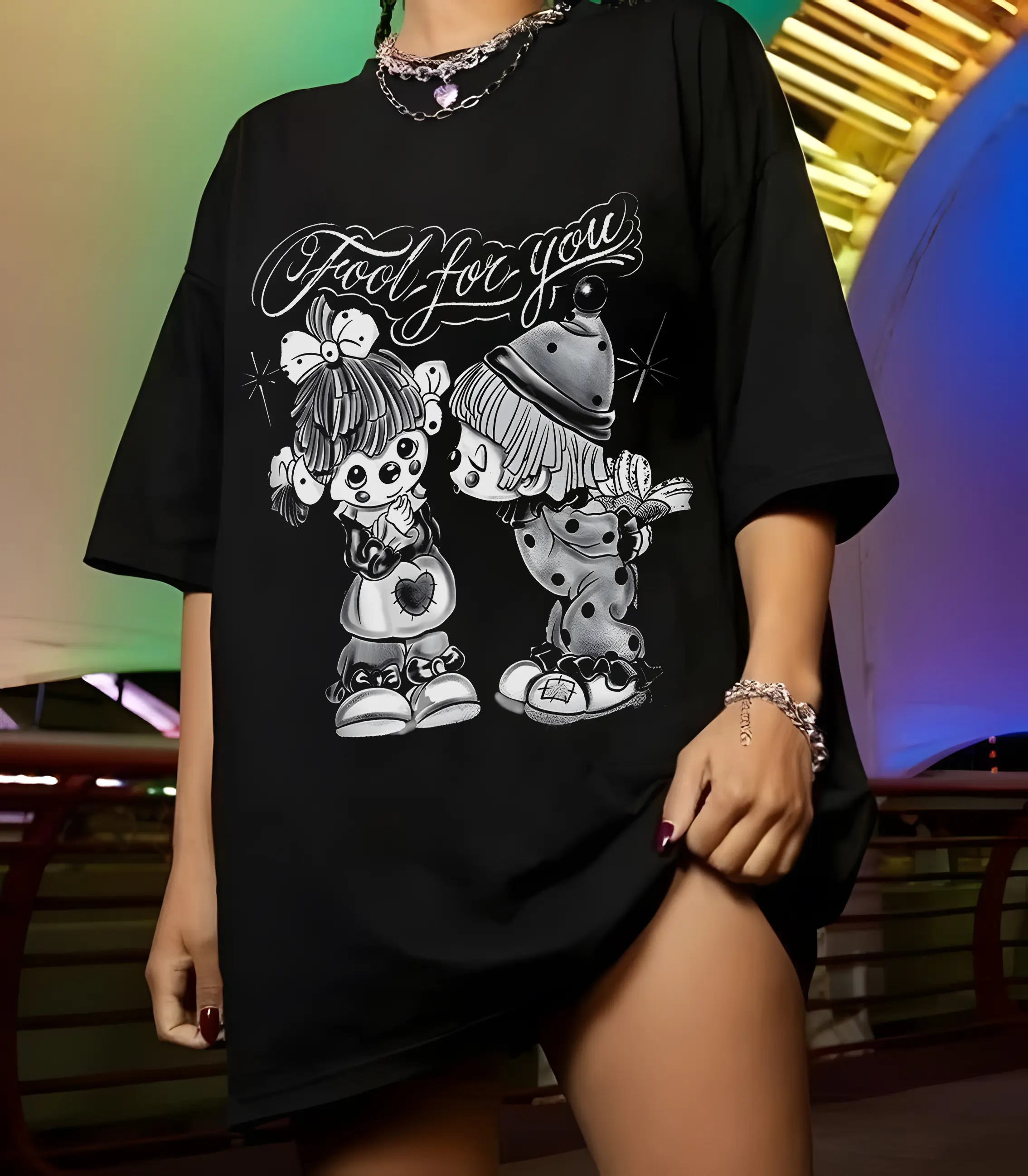 Women's Premium Cotton Short Sleeve Oversized Round Neck T-Shirt - Raggedy Ann & Andy "Fool For You" Digital Print, Baggy Loose Fit, Chicana Vibes, Chingona Badass Graphic, Domestic Streetwear, Casual Wear Everyday Top, Shortsleeve, Garments, Tshirt, Over