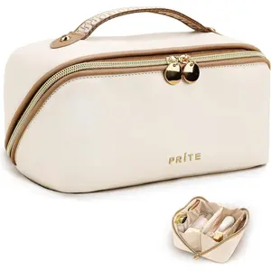 Prite Makeup Bag for Women Travel Waterproof Vegan Leather Cosmetic Bag Open Flat Toiletry Bag With Clear Divider and Handle (Beige)