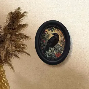 Bohemian Vintage 3D Crow & Floral Wooden Frame Wall Art, Artificial Wood Oval Decor for Home Office, Home Decor Accessory, Modern Home Decor, Halloween Thanksgiving Holiday Decoration