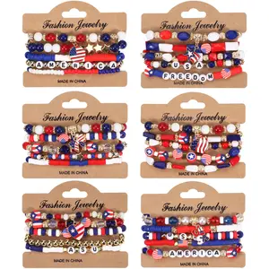 American Flag Beaded Stackable Bracelet Set, Patriotic 4th of July Jewelry for Women, Independence Day Gift