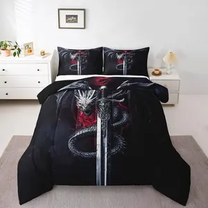 Black Dragon Bedding Set,Dragon Sword Comforter Set for Kids Girls Boys Teens Room Decor,Western Magical Animals Quilt Set,Ultra Soft Dark Red Duvet Insert