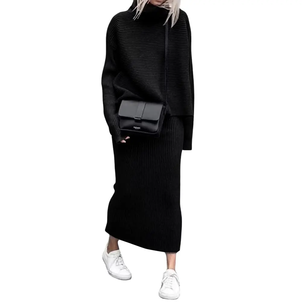 CHOUYATOU Women's Sweater Skirt Set, Casual 2-Piece Thermal Ribbed Knit Outfit with Turtleneck Top and Hip-Hugging Midi Skirt