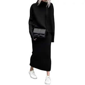 Chouyatou Women's Turtleneck 2 Piece Outfits Ribbed Knit Sweater Midi Pencil Skirt Set