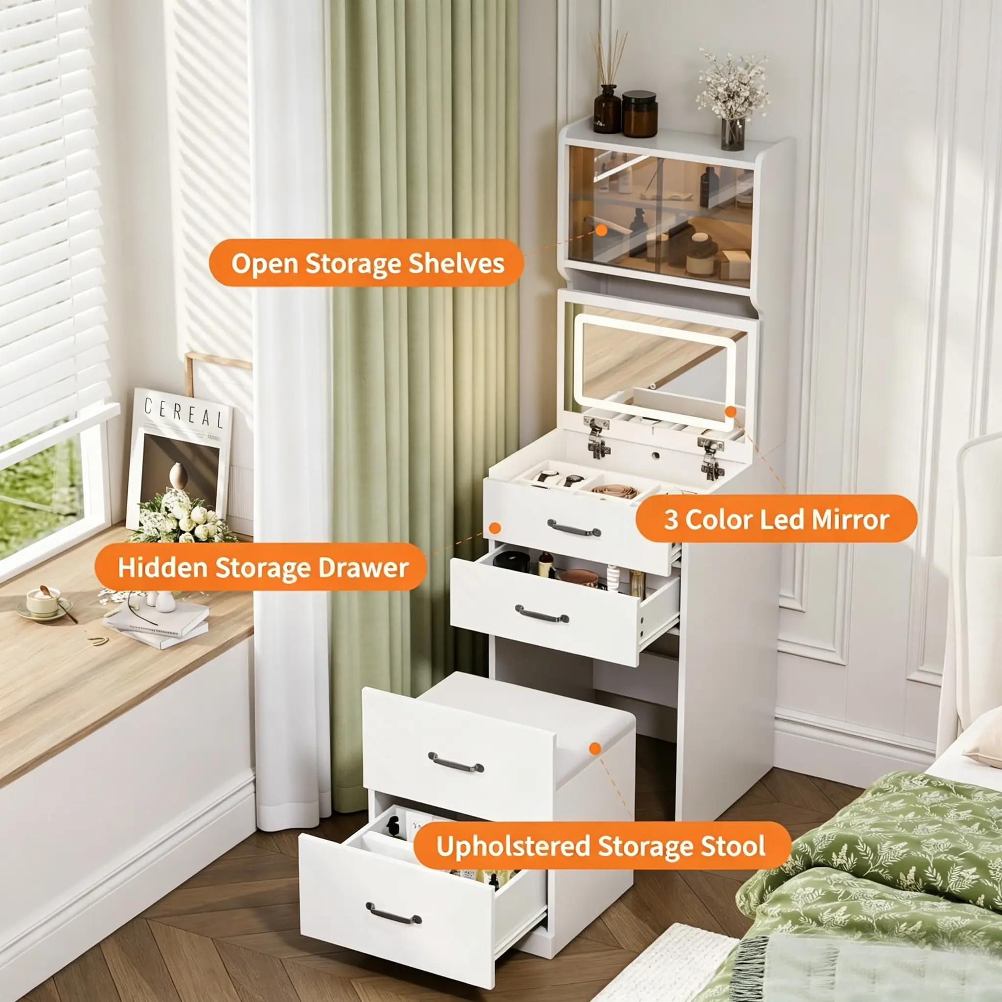 Garvee 3-in-1 Vanity Desk with 3 Color LED Lighting, Compact Makeup Vanity Set Featuring 2 AC Outlets & USB Ports, Dressing Table with Drawers and Acrylic Doors, Nightstand Vanity Mirror, Jewelry Box, and Cushioned Hidden Chair