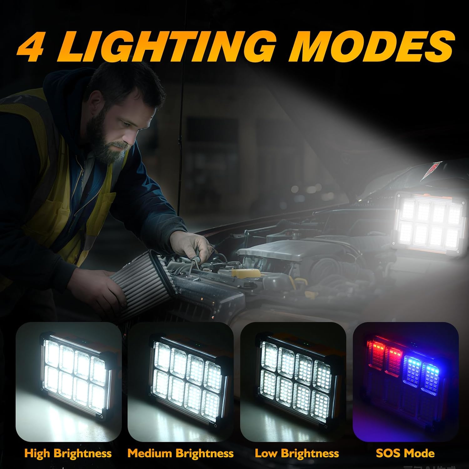 120W Solar Portable Flood Light, 144 LEDs IP66 Waterproof Work Light with Stand, 4 Modes for Construction Camping Fishing Car Repair