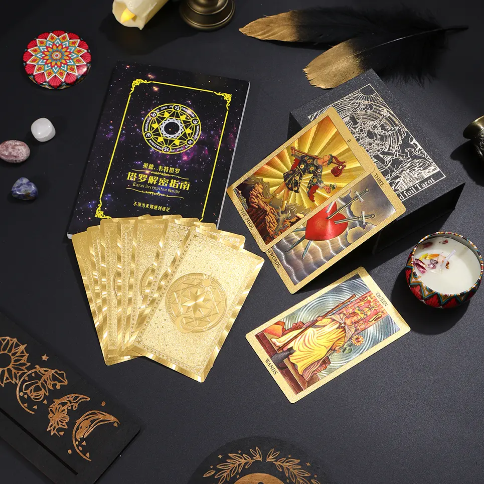 Beginner-Friendly Full Golden Holographic Star Foil Rider Waite Kit - Waterproof PVC Cards, Complete Guidebook Covering Chakras, Planets, Zodiac & Elements, Ideal for Gifting & Tarot Gatherings