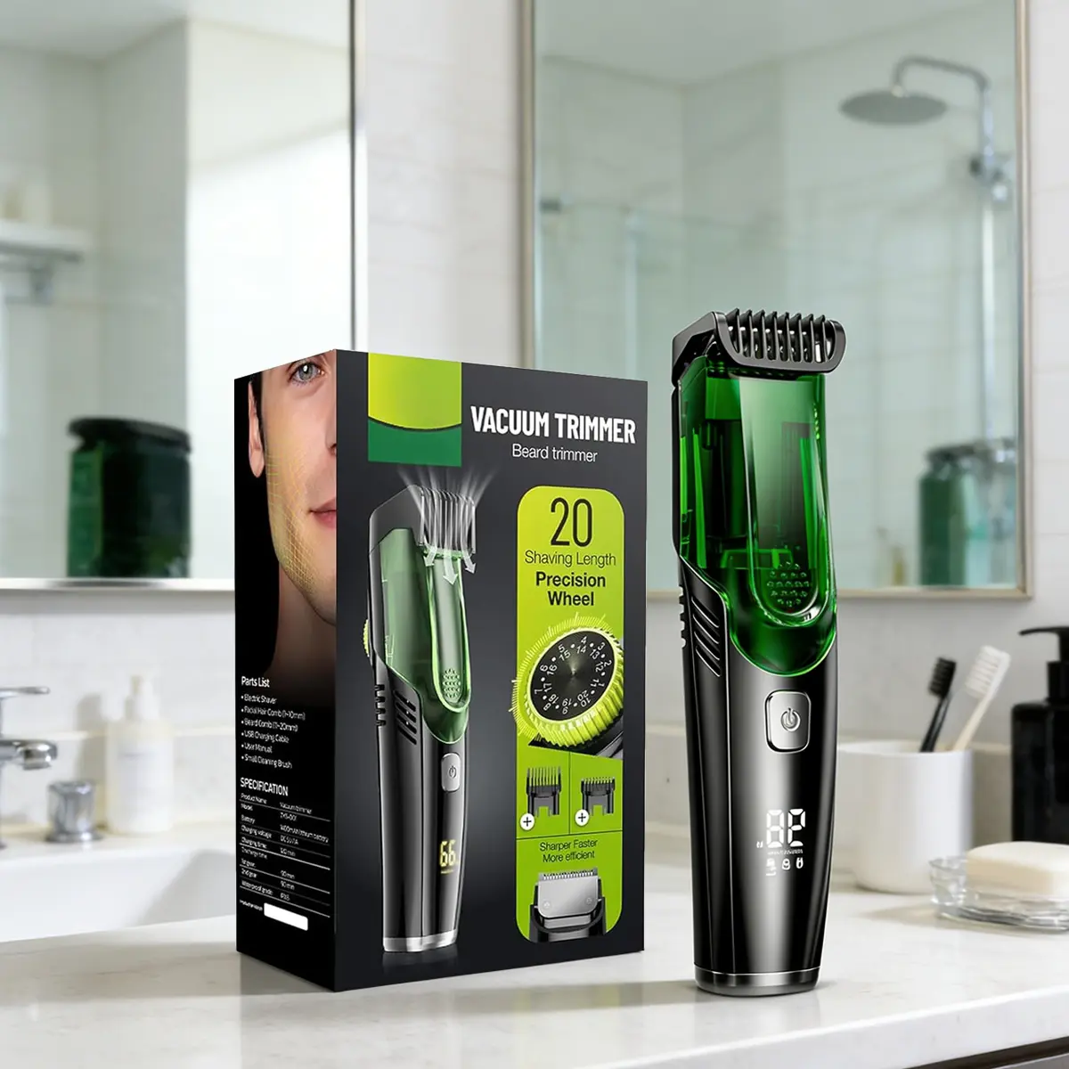 Vacuum Beard Trimmer for Men - IPX7 Waterproof, Rechargeable with Built-in Suction | Adjustable Length Comb, Less Mess Trimming for Stubble, Sideburns, Mustache