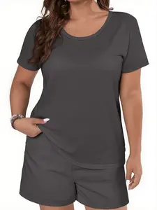 Women's Plus Size Plain Round Neck Short Sleeve Shorts Set, Loose Fit Casual Sport Two-Piece Sporty Style for Home and Outdoor