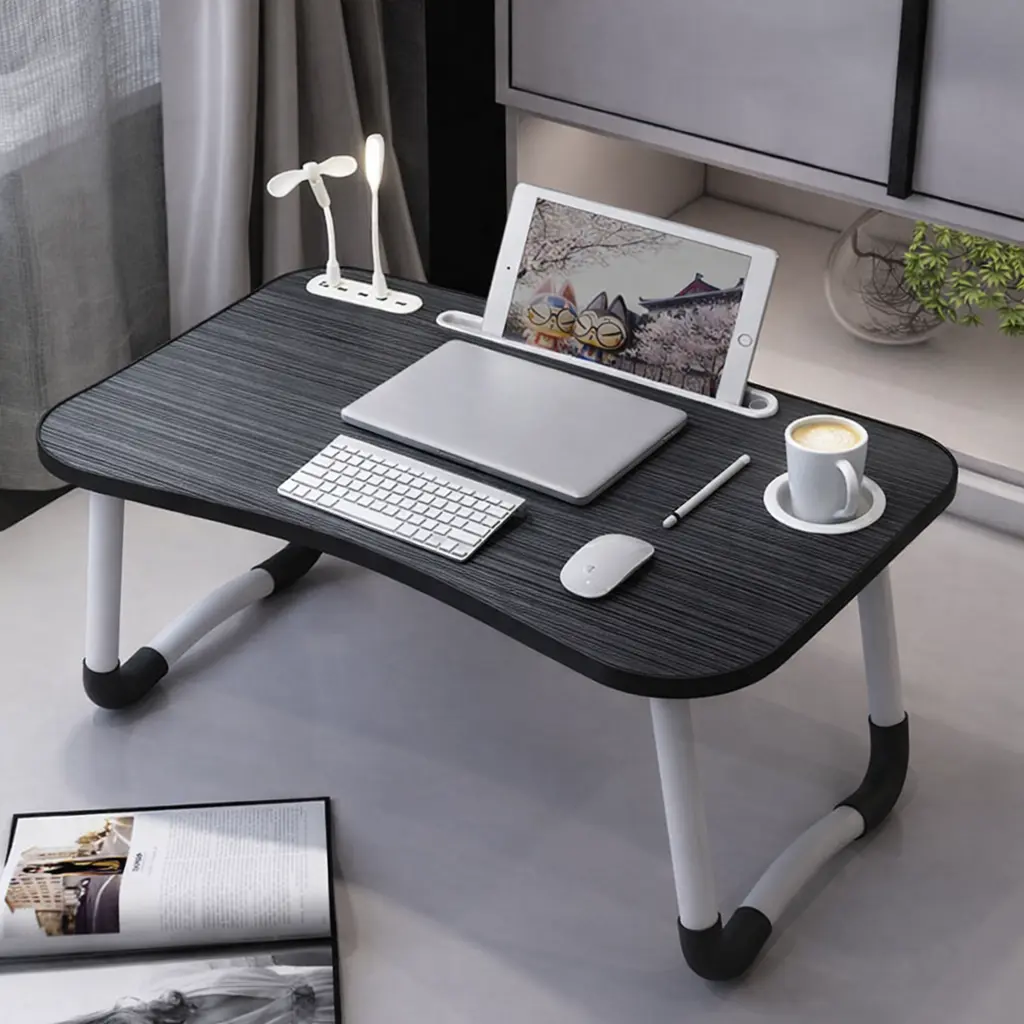 Adult Single Person Extra-Large Foldable Rectangle Lap Desk with Legs - USB Fan, LED Light, Tablet Slot, Cup Holder, Built-In USB Hub, Portable Office Furniture for Bed, Work, Study, Adults, Outdoors