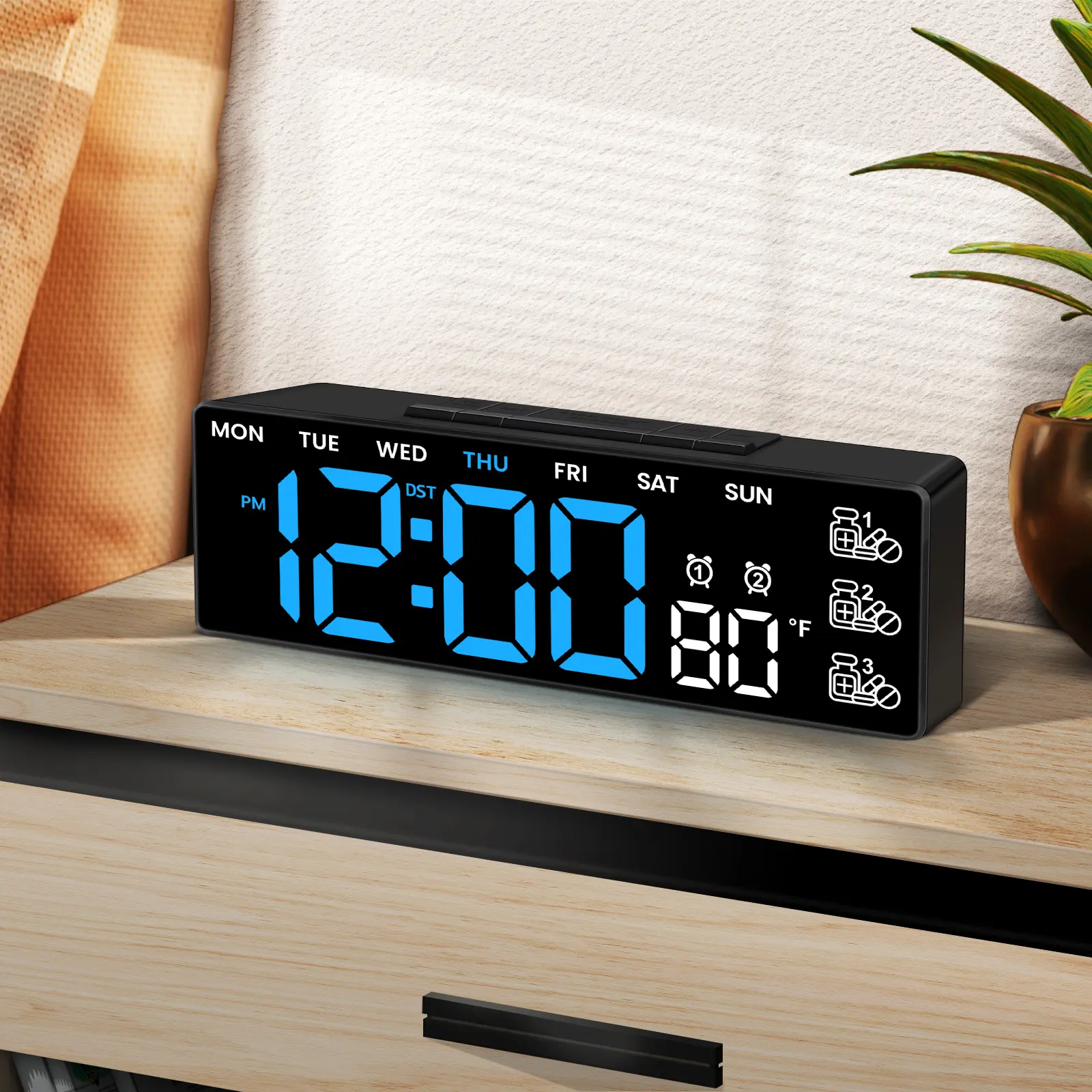 7-in Digital Desktop Clock - Home Supplies Decoration Item, Plug-in Automatic Multifunctional Alarm Clock with Medication Reminders, Large Digits, Date, Temperature, DST, Bedroom Decor, Elderly Gift, Decoration Items, Desktop Electronic Clock