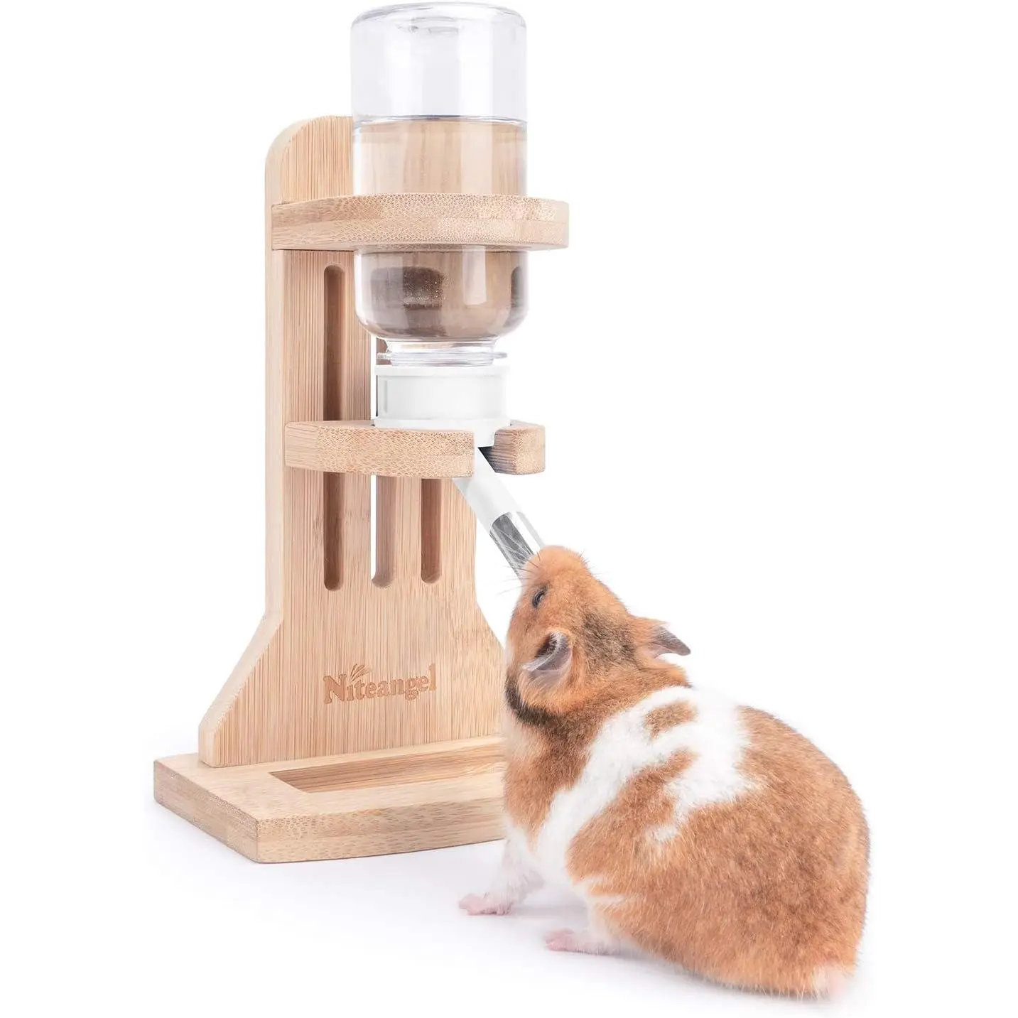 Niteangel Adjustable Height Small Animal Water Bottle with Stand - Stainless Steel Replacement Bottle, Stable Platform, Easy to Use for Syrian Dwarf Hamsters, Gerbils, Mice, Rats, Degus (White)
