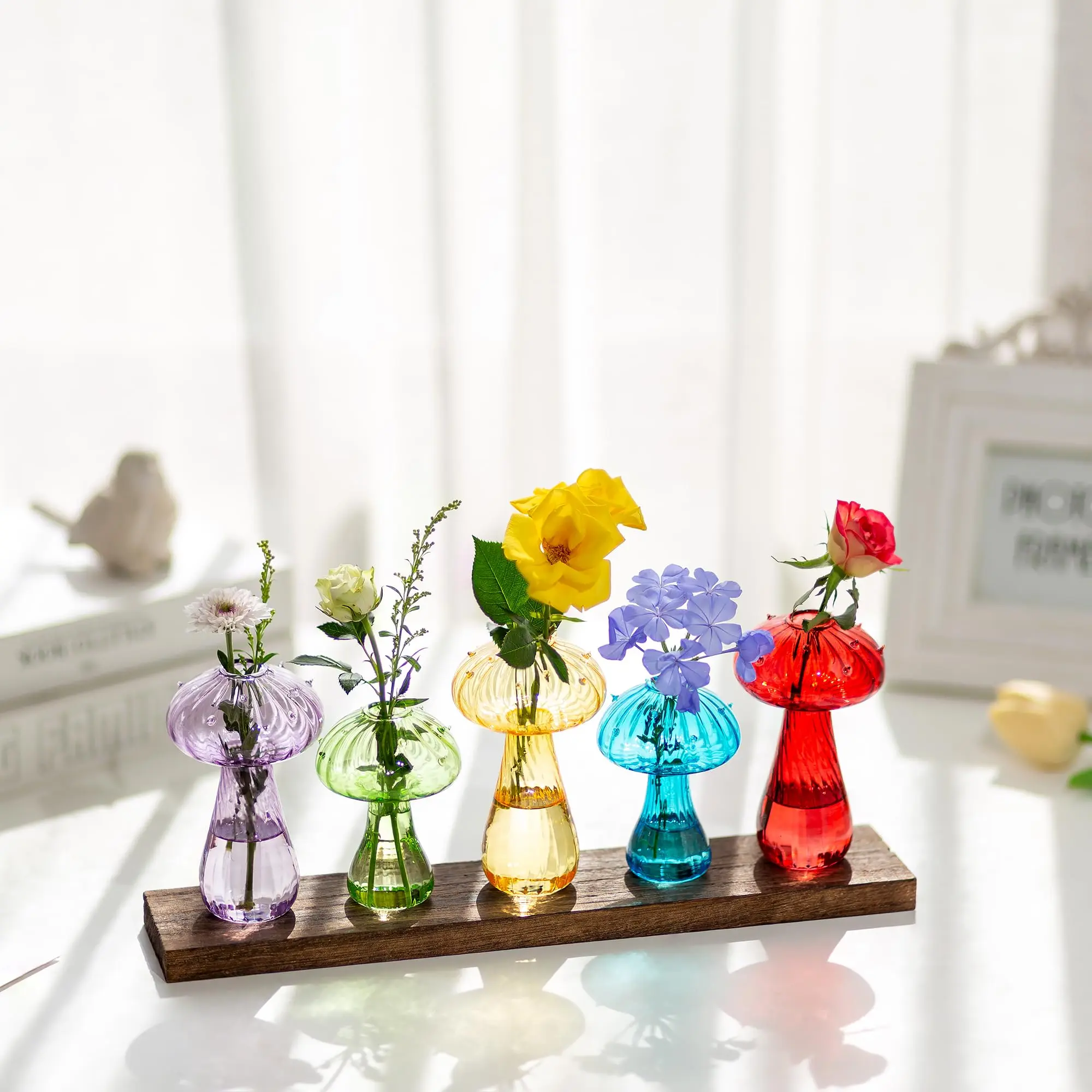 Boho Style Bud Vases Set of 5 - Mushroom-Shaped Glass Vases with Wooden Tray, Floral Pattern, Decorative Flower Vases for Home Decor, Cylinder Theme Display