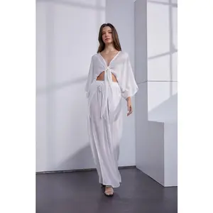 Astrid Gauze Tie Front Crop Top And Tie Front Pants - White