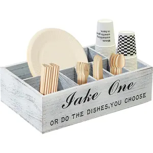 Paper Plate Holders Utensil Holder Caddy Rustic White Dispenser for Countertop 6-Compartment Paper Plate Organizer Wooden Silverware Caddy for Picnic, Camp
