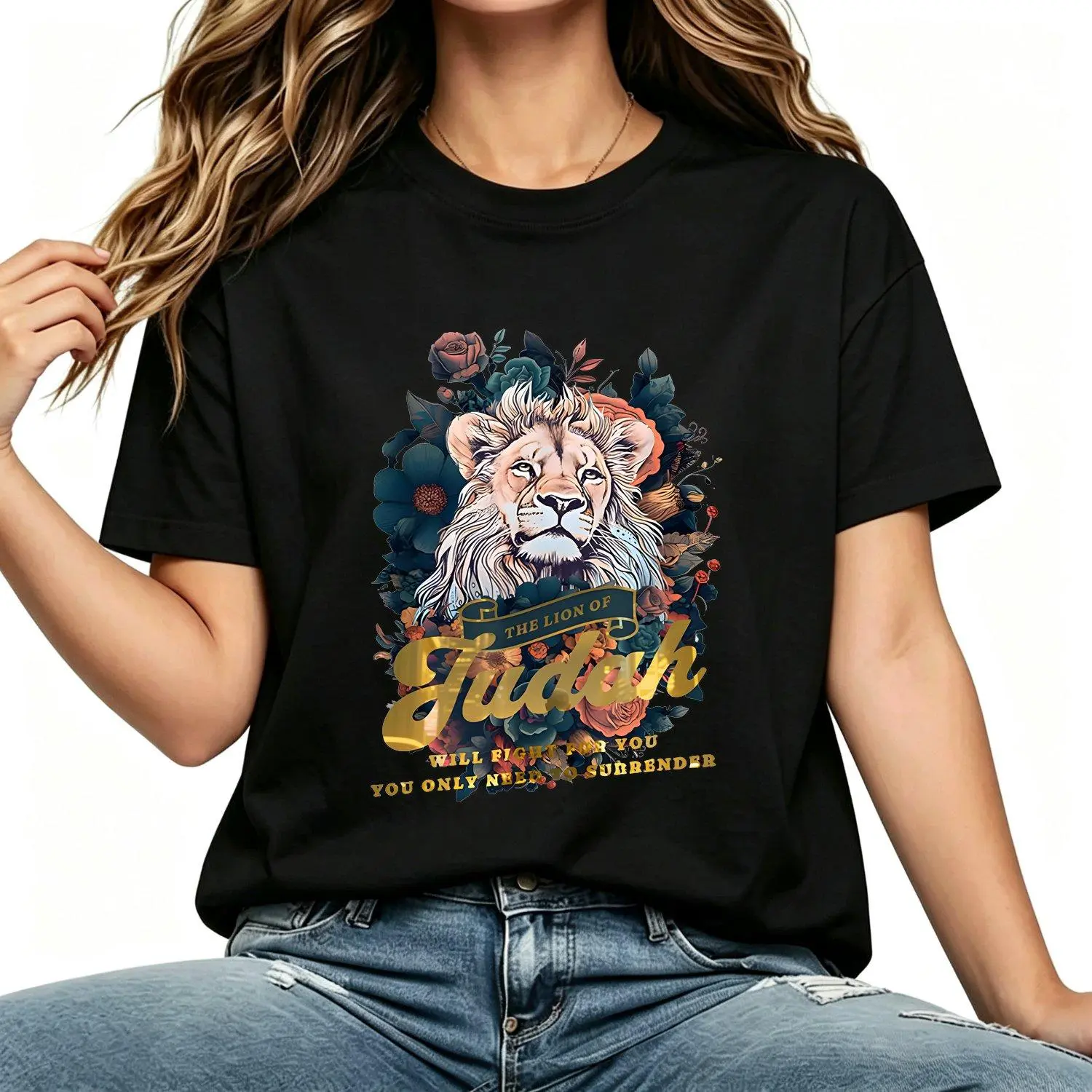 Women's Christian Short-Sleeve Crew Neck T-Shirt - Jesus The Lion Of Judah Faith Motif, Breathable Fabric, Long Wear, Vintage Religious Inspirational Casual Apparel, Short Sleeves