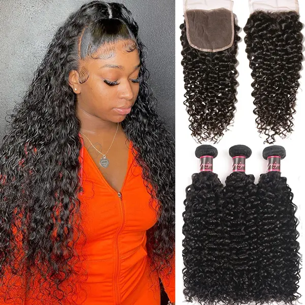 Kinky Culry Wave Bundles With Closure Human Hair Bundles With Closure 4x4 Closure Curly Natural Color Hair
