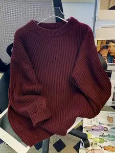 Autumn Winter Solid Color Round Neck Sweater, Casual Loose Fit Knitwear, High-End Lazy Style Pullover, Vintage Slimming Top