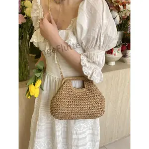 2026 Niche Beaded Straw Shell Bag, Retro Woven Half-Moon Handbag, Holiday Beach Vacation Shoulder Bag