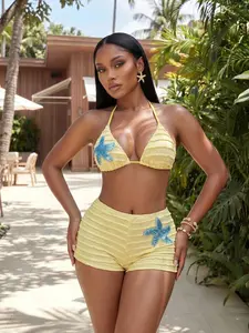 Womens Starfish Decor Triangle Bikini Set with Beach Shorts 2 Piece Swimsuit Multiple Colors Vacation Swimwear