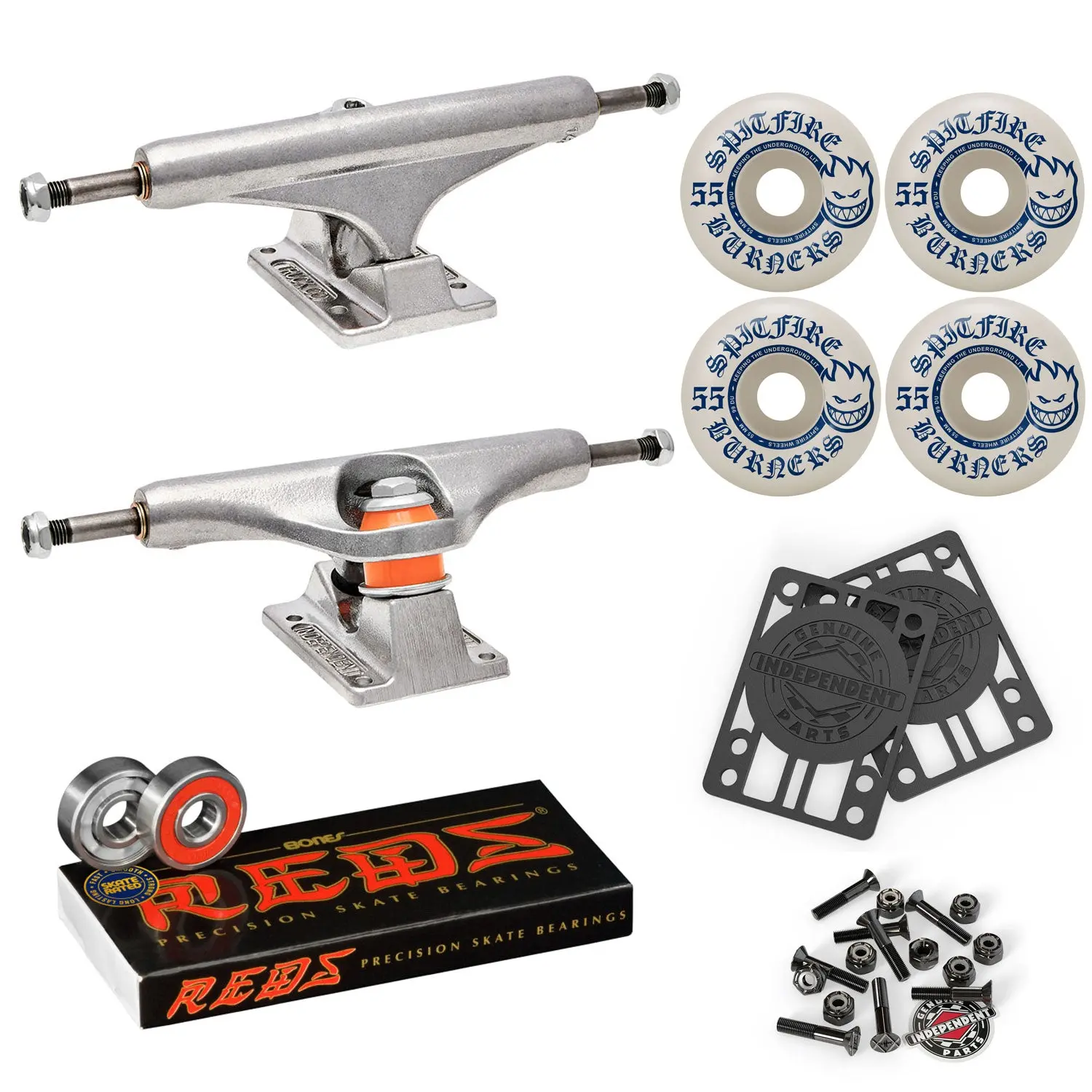 Independent Skateboard Trucks 139 Mid + 55mm Spitfire Burners Wheels, Bones Bearings