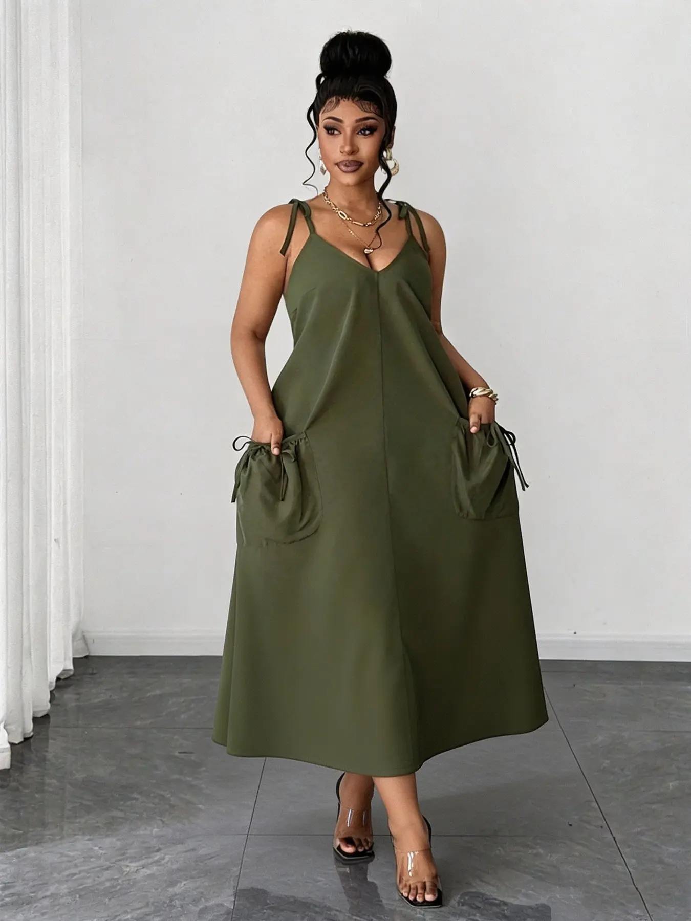 Plus Size Women's Military V-Neck Halter Dress, Tie Waist Pocket Long Dress,  Summer Casual Fashion, Home, Vacation, Outing - TikTok Shop
