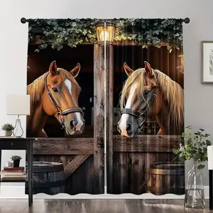 Country Farmhouse Rural Aesthetic Horse Art Curtains, Half-Transparent Polyester Material, Charming Horse Pattern, Suitable for Bedroom, Living Room, Office, Kitchen, Study