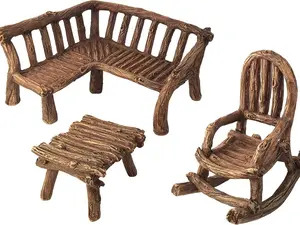 GlitZGlam Miniature Fairy Garden Furniture 3-Piece: Rustic Wood Bench, Rocking Chair and Miniature Table for The Garden Fairies