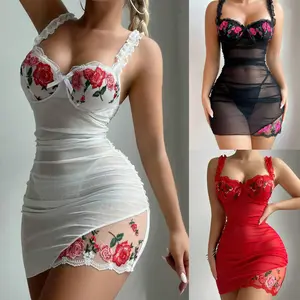 Sexy Floral Embroidery Ruched Bodycon Mesh Sheer Babydoll Lingerie Dress Set with Thong 2pcs for Women Outfit