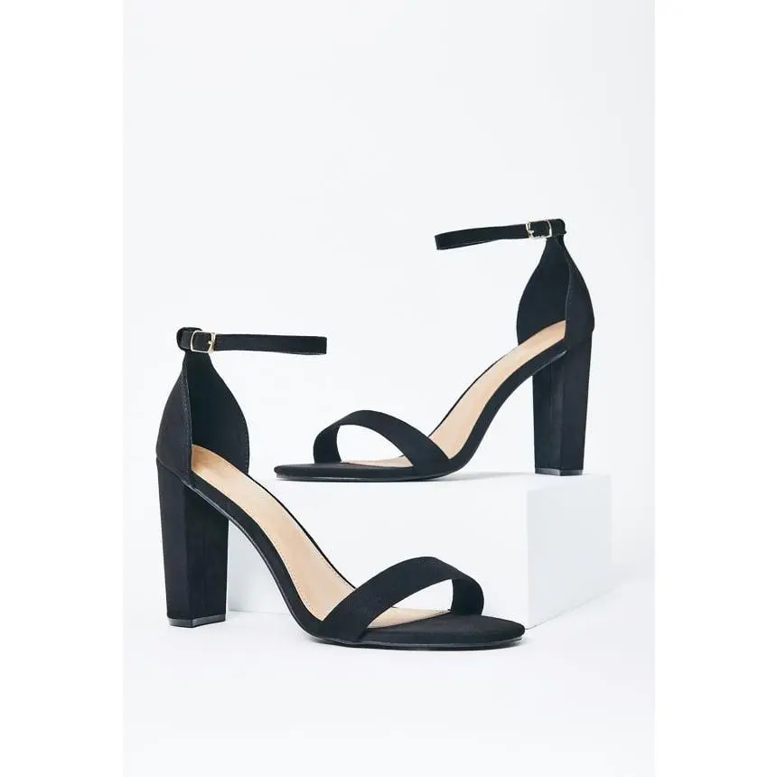 JUST FAB Women's Block Heel Sandal - Elegant Black Suede, 4" Chunky Heel, Ankle Strap with Buckle Design, Comfortable Women's Footwear, Adjustable Strap Sandals, Party, Sandals Women