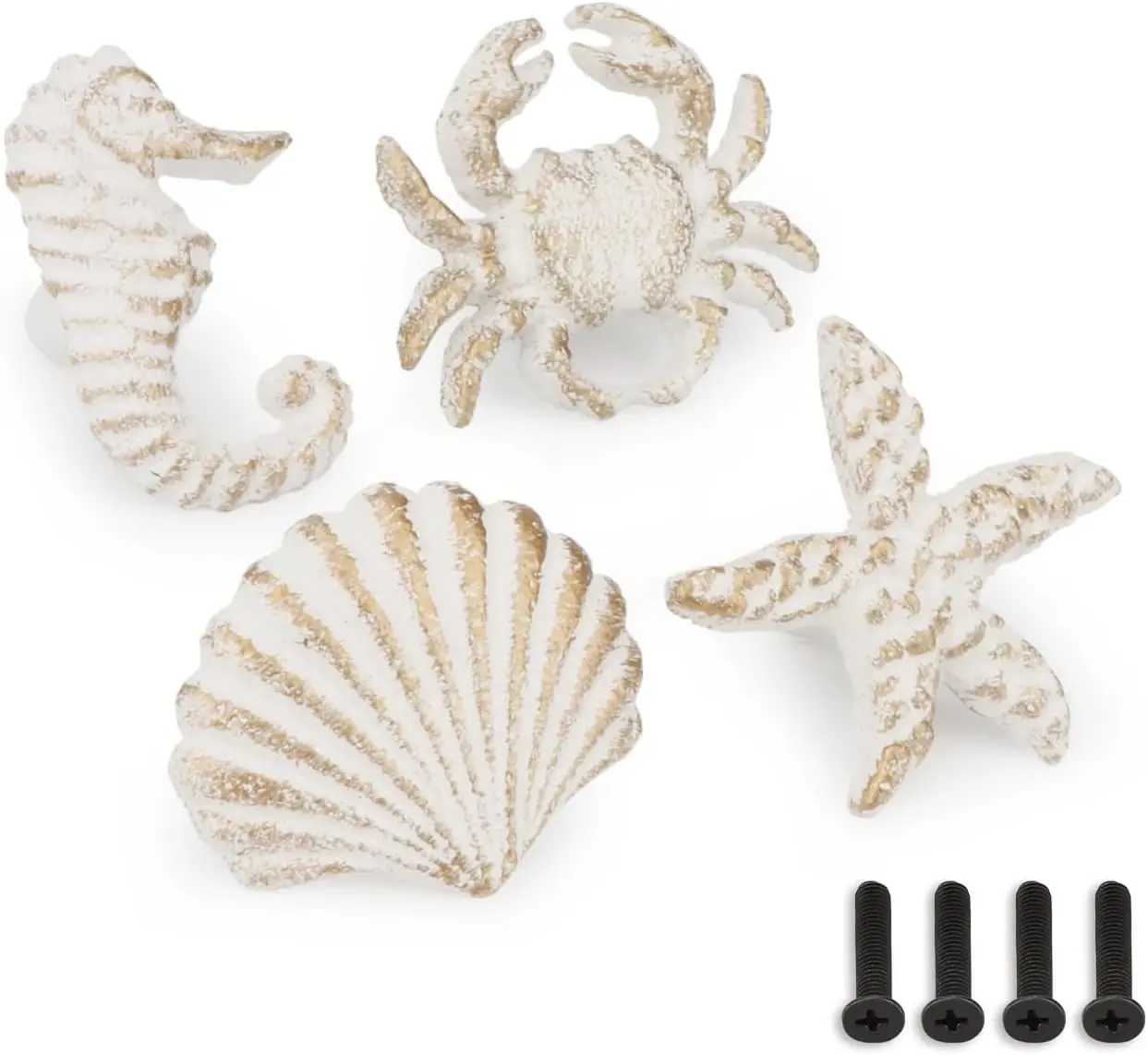 al Ocn Starfish ashell Crab Drawer Pulls Nautical a Hor Door Handles Cast Iron Knobs for Cabinets Dresr 4 Pcs (White)