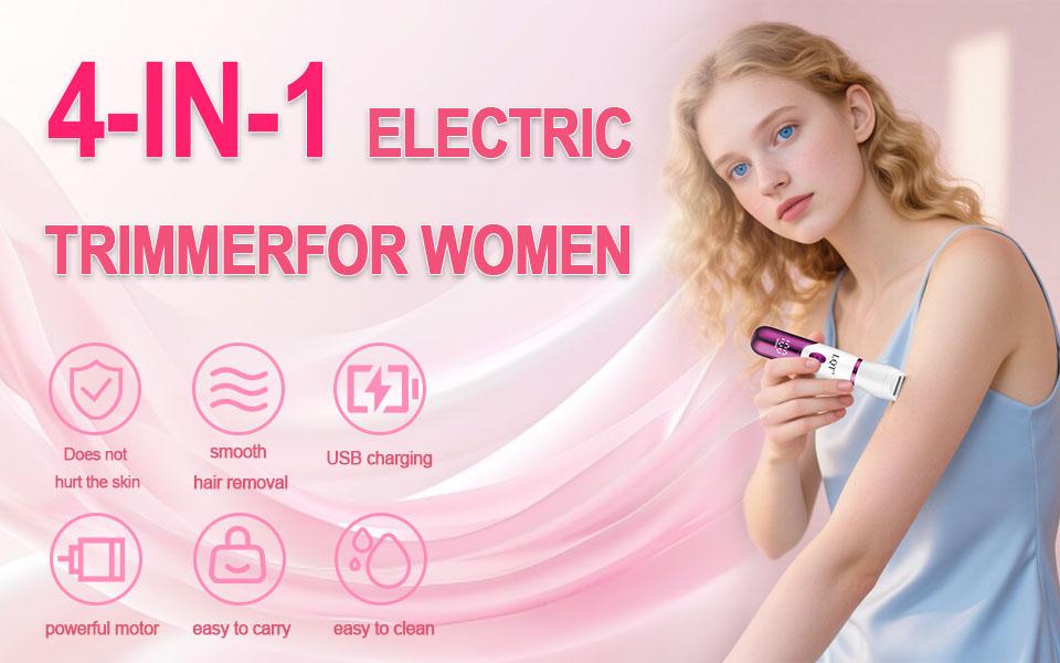 LQT 4-in-1 Multi-Functional Women’s Electric Grooming Kit, designed for gentle hair removal and styling for the whole body. It handles hair management for the face, body, and delicate areas in one compact device, perfect for at-home use and travel,