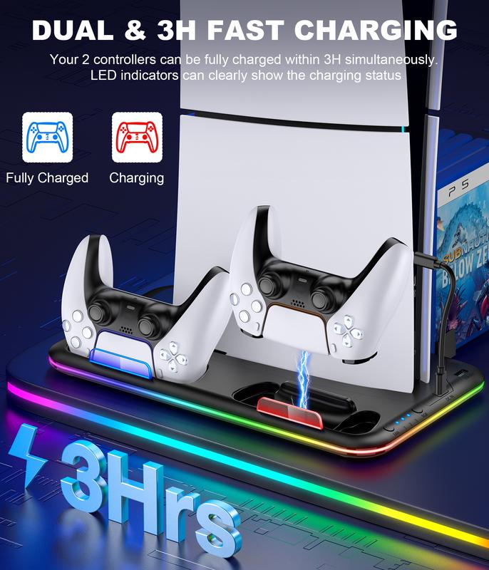 PS5 Slim Stand and Turbo Cooling Station with Controller Charging Station for Playsation 5, PS5 Accessories Kits Incl. 3 Levels Cooling Fan, LED LIGHT , 15 Game Slot, Headset Holder for PS5 Digital/Disc