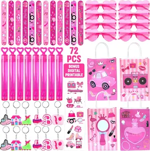 Pink Party Favors, 72 Pc Princess Party Keychain Hot Pink Sunglass Bubble Wand stickers Gift for Girl Hot Pink Bag Birthday Party Supplies Kit Box Bracelet