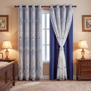 4 Panels Combination Grommets Curtains Including : 2 Panels 52x84 inch Solid Blackout Curtains & 2 Panels 52x90 inch Luxuary Embroidery Curtains QF222 QF78