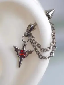 Dark Punk Zircon Wing Stainless Steel Chain Demon Ear Cuff, Unisex Fashion Streetwear Party Jewelry, Unique Personalized Earrings